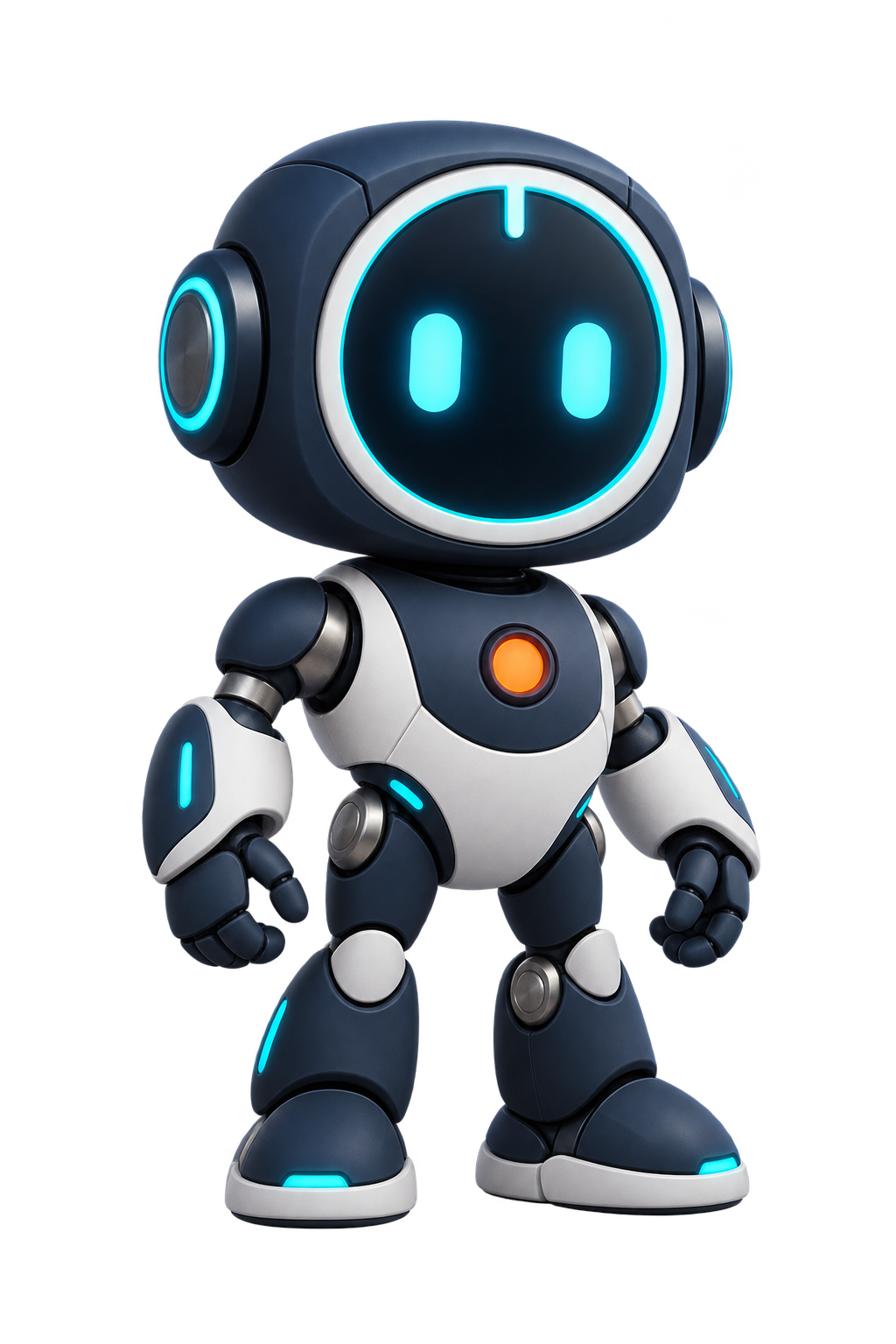 Ziro, um pequeno robô azul que representa precisão e prontidão
